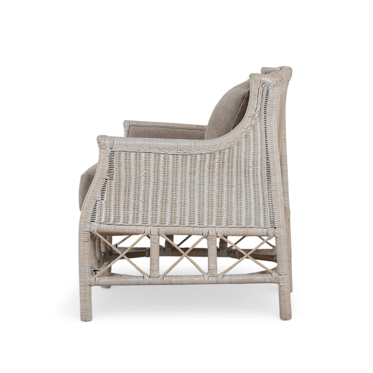 Rabana Rattan Chair in White Wash Rattan w/ Oatmeal Boucle Chenille Performance Fabric Cushion