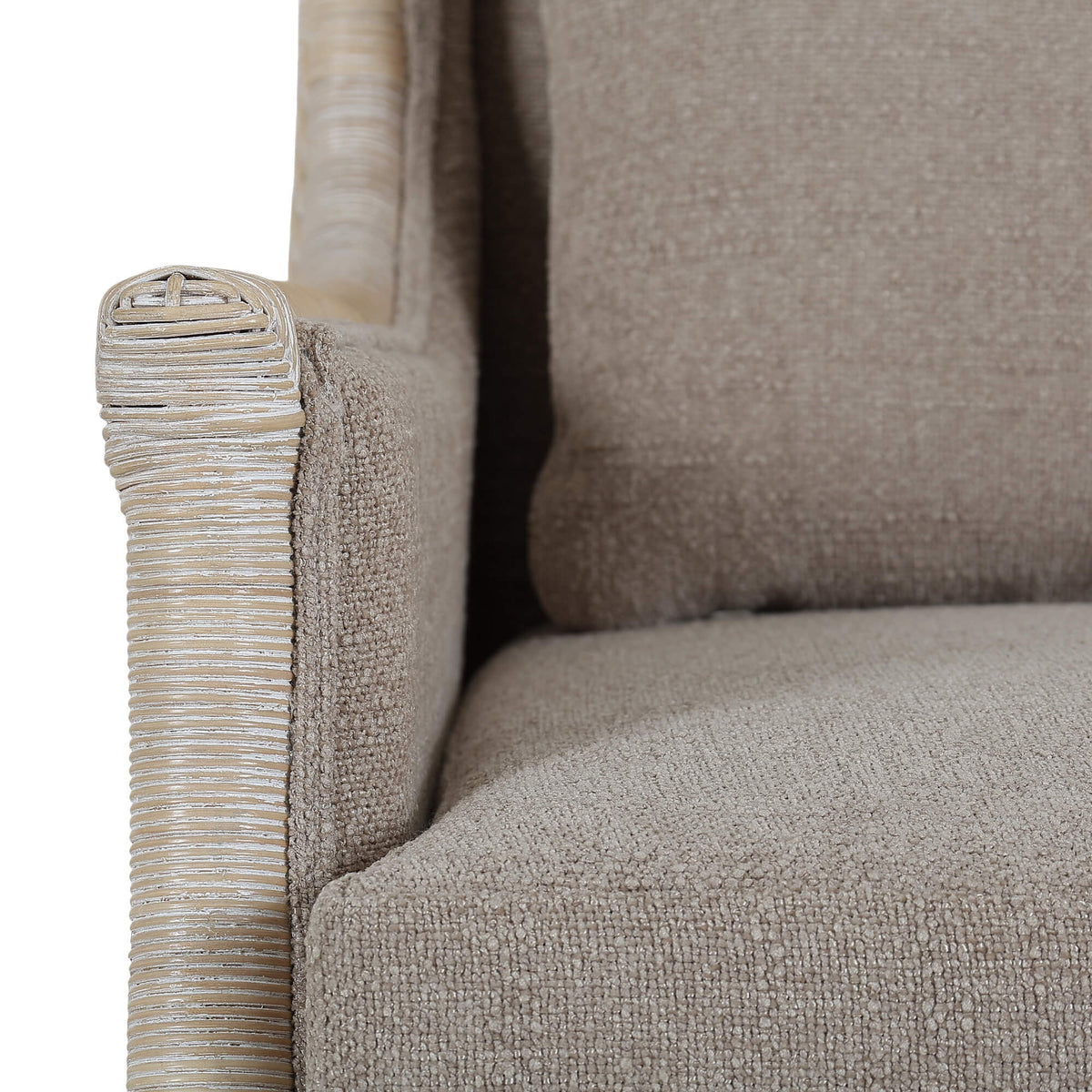 Rabana Rattan Chair in White Wash Rattan w/ Oatmeal Boucle Chenille Performance Fabric Cushion