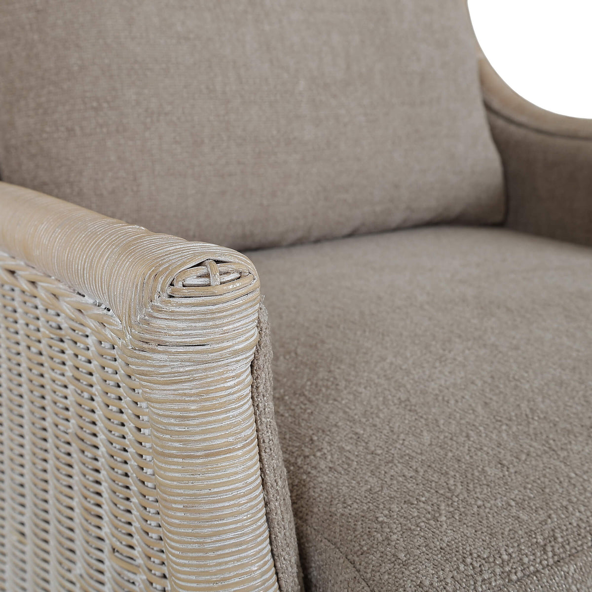 Rabana Rattan Chair in White Wash Rattan w/ Oatmeal Boucle Chenille Performance Fabric Cushion