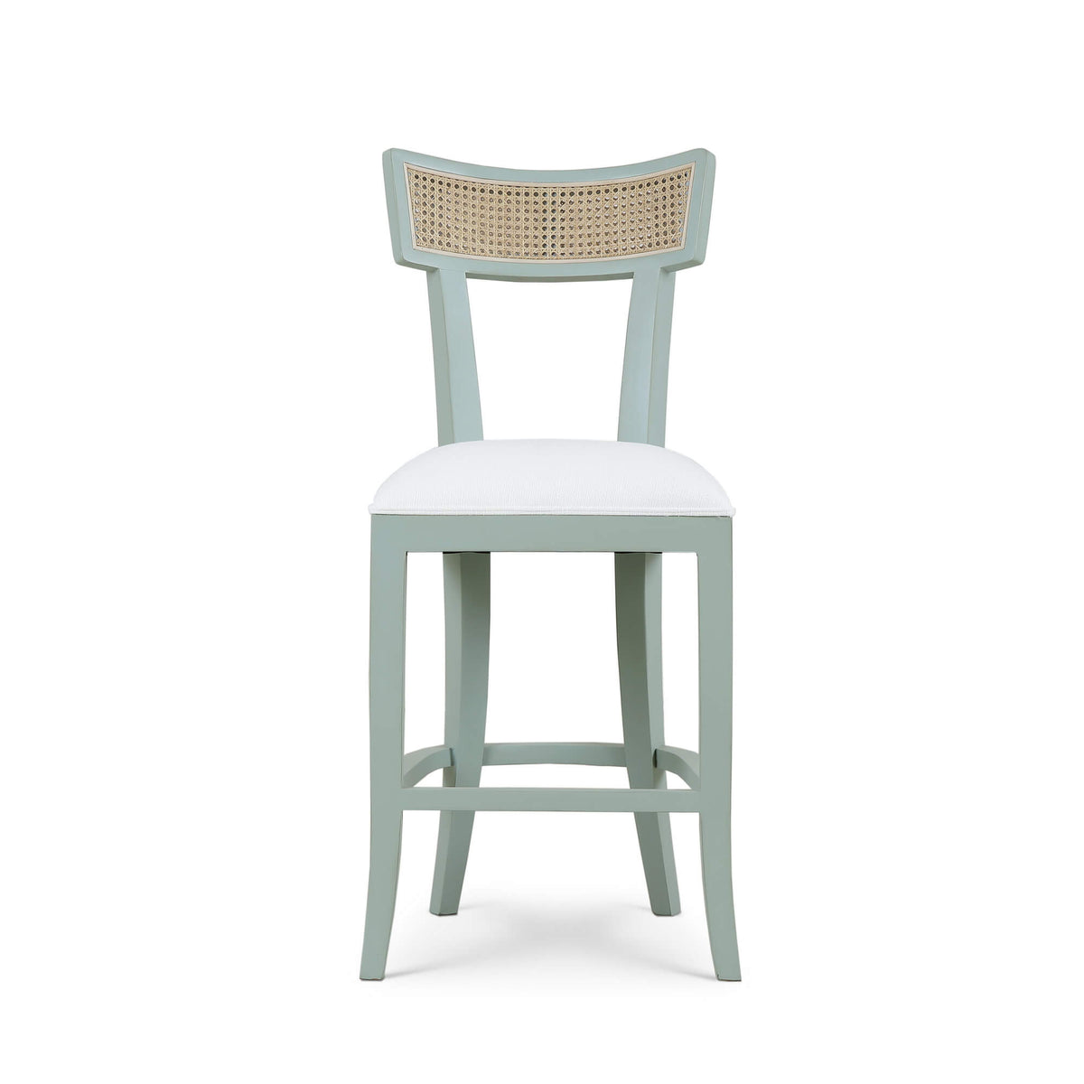 Beatrice Counter Stool in Vintage Moss Green w/ Arctic White Performance Fabric & Rattan Natural on Back