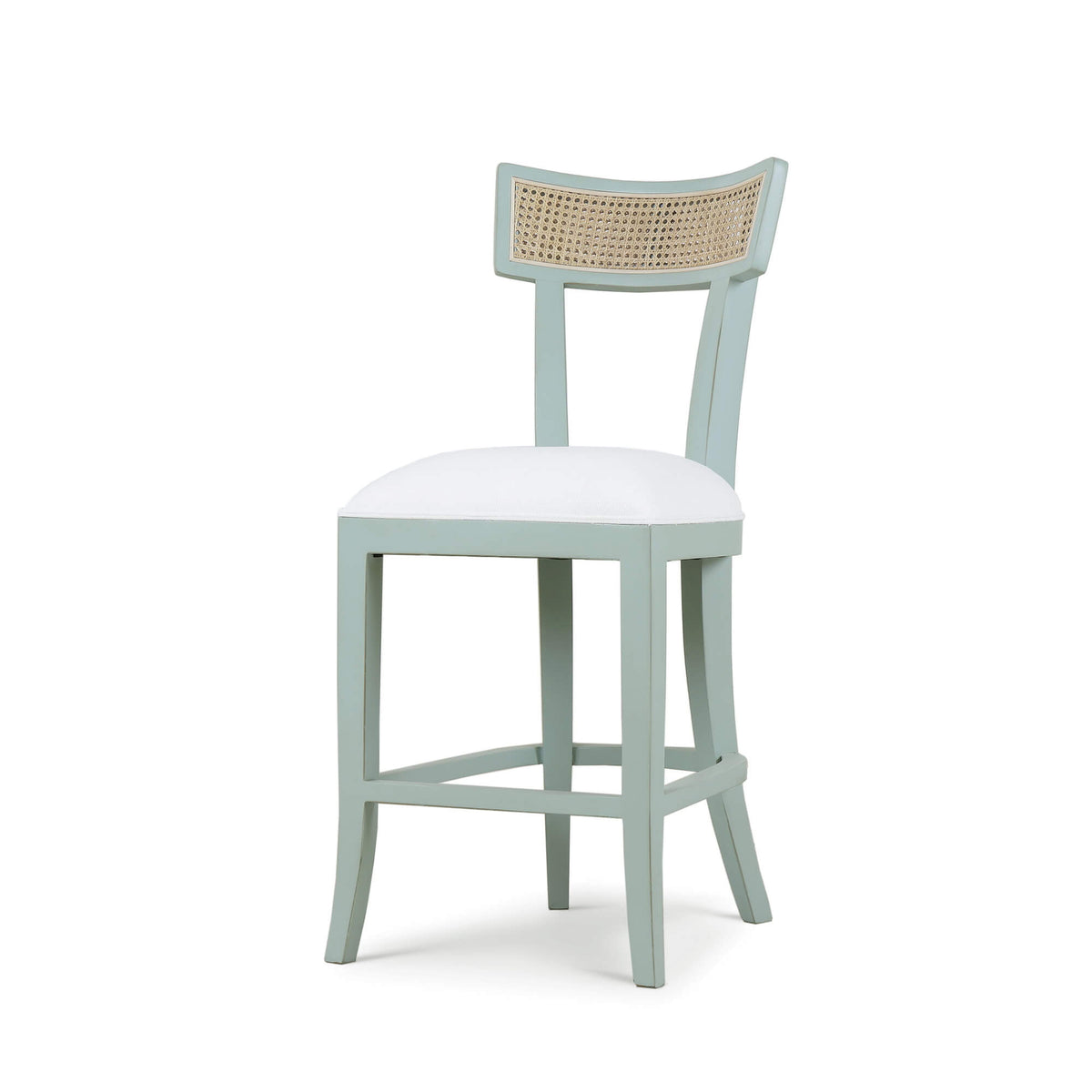 Beatrice Counter Stool in Vintage Moss Green w/ Arctic White Performance Fabric & Rattan Natural on Back