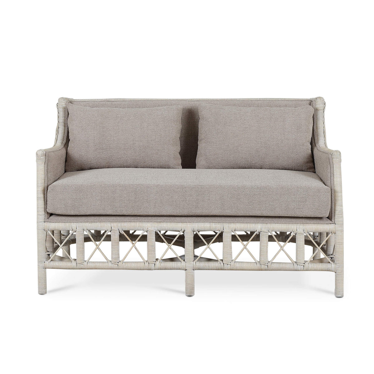 Rabana Rattan Loveseat in White Wash Rattan w/ Oatmeal Boucle Chenille Performance Fabric Cushion