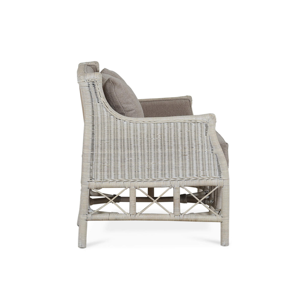 Rabana Rattan Loveseat in White Wash Rattan w/ Oatmeal Boucle Chenille Performance Fabric Cushion