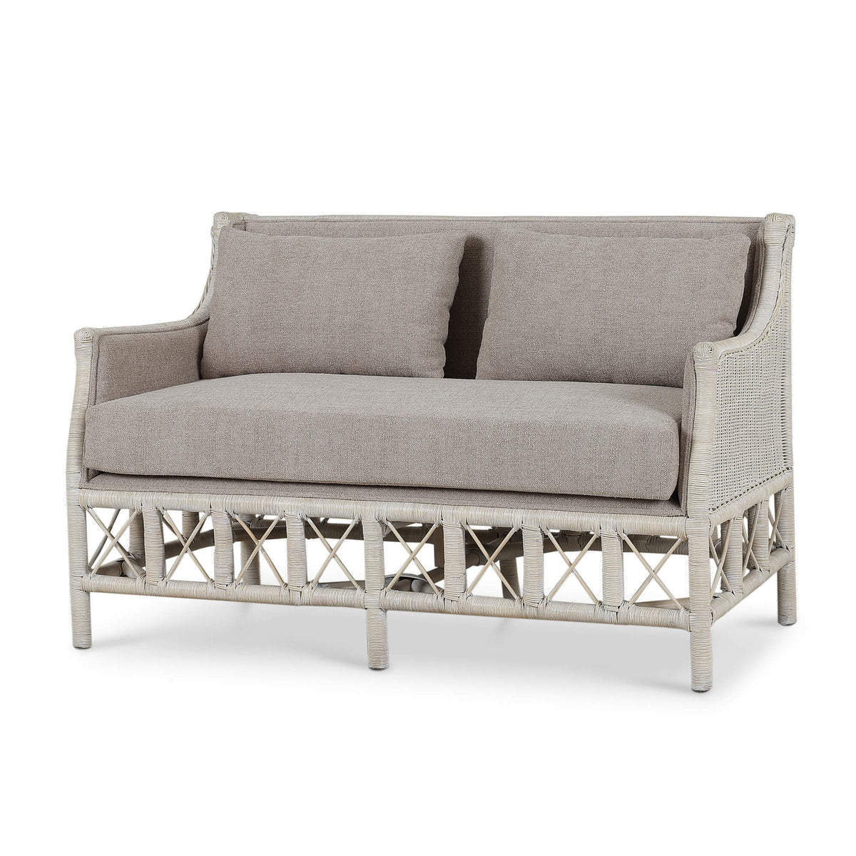 Rabana Rattan Loveseat in White Wash Rattan w/ Oatmeal Boucle Chenille Performance Fabric Cushion