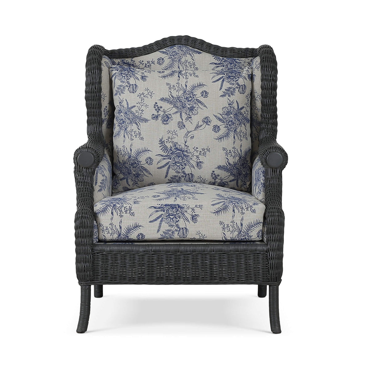 Marina Rattan Chair in Dark Charcoal Rattan w/ Le Jardin Blue Fabric