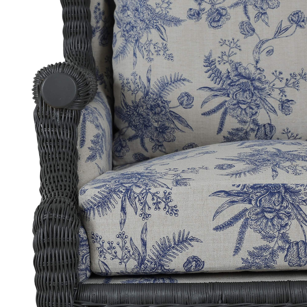 Marina Rattan Chair in Dark Charcoal Rattan w/ Le Jardin Blue Fabric