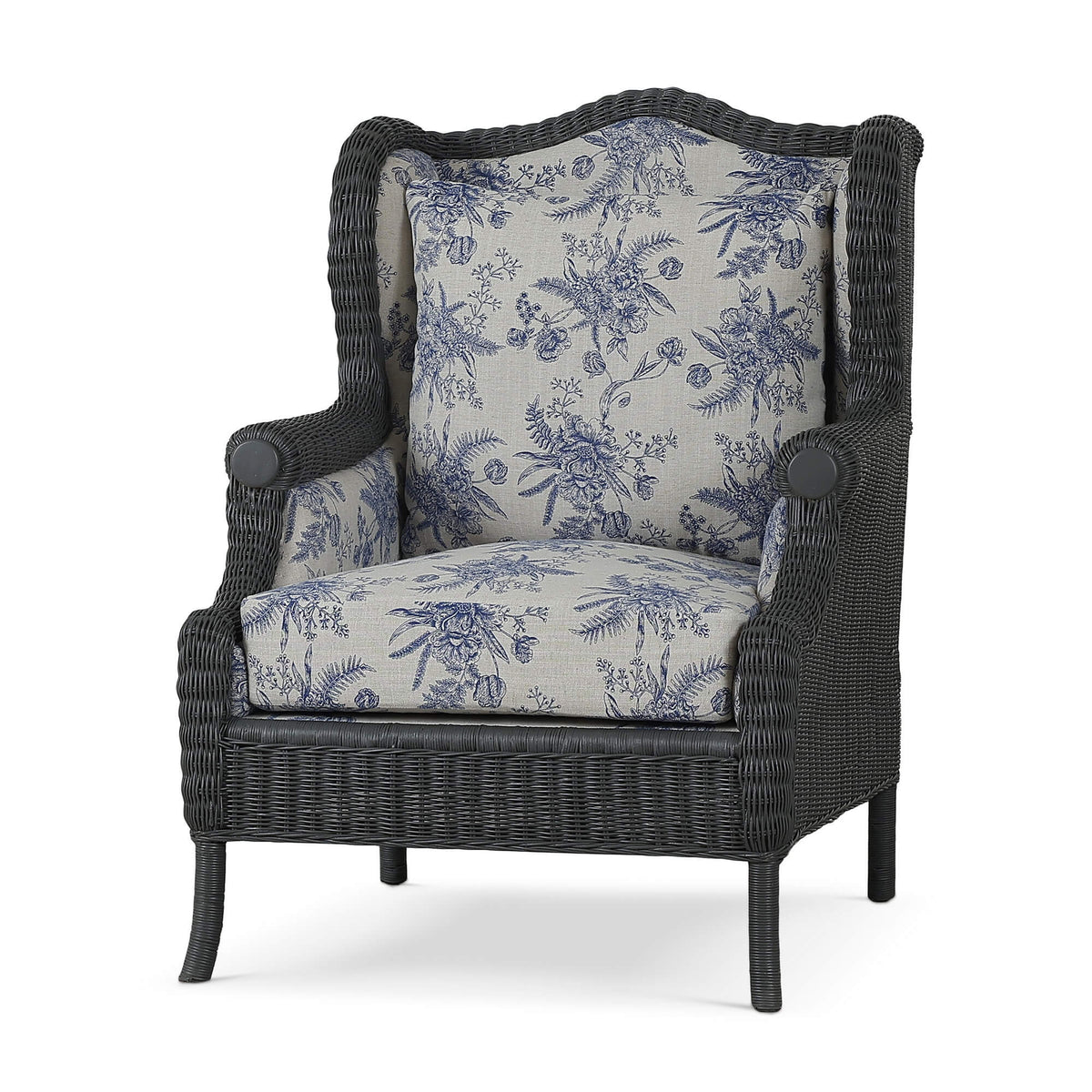 Marina Rattan Chair in Dark Charcoal Rattan w/ Le Jardin Blue Fabric
