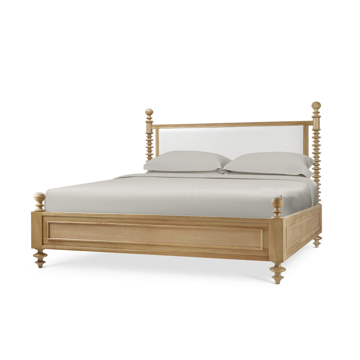 Milano Upholstered King Bed in Fruitwood w/ Arctic White Performance Fabric (* adjustable posters)