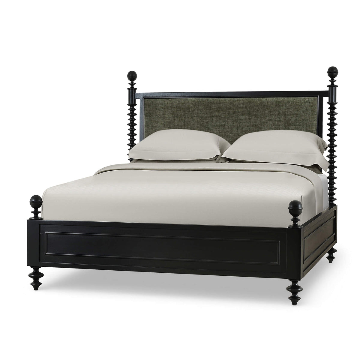 Milano Upholstered Queen Bed in Batavia Black w/ Thames Moss Green Performance Fabric