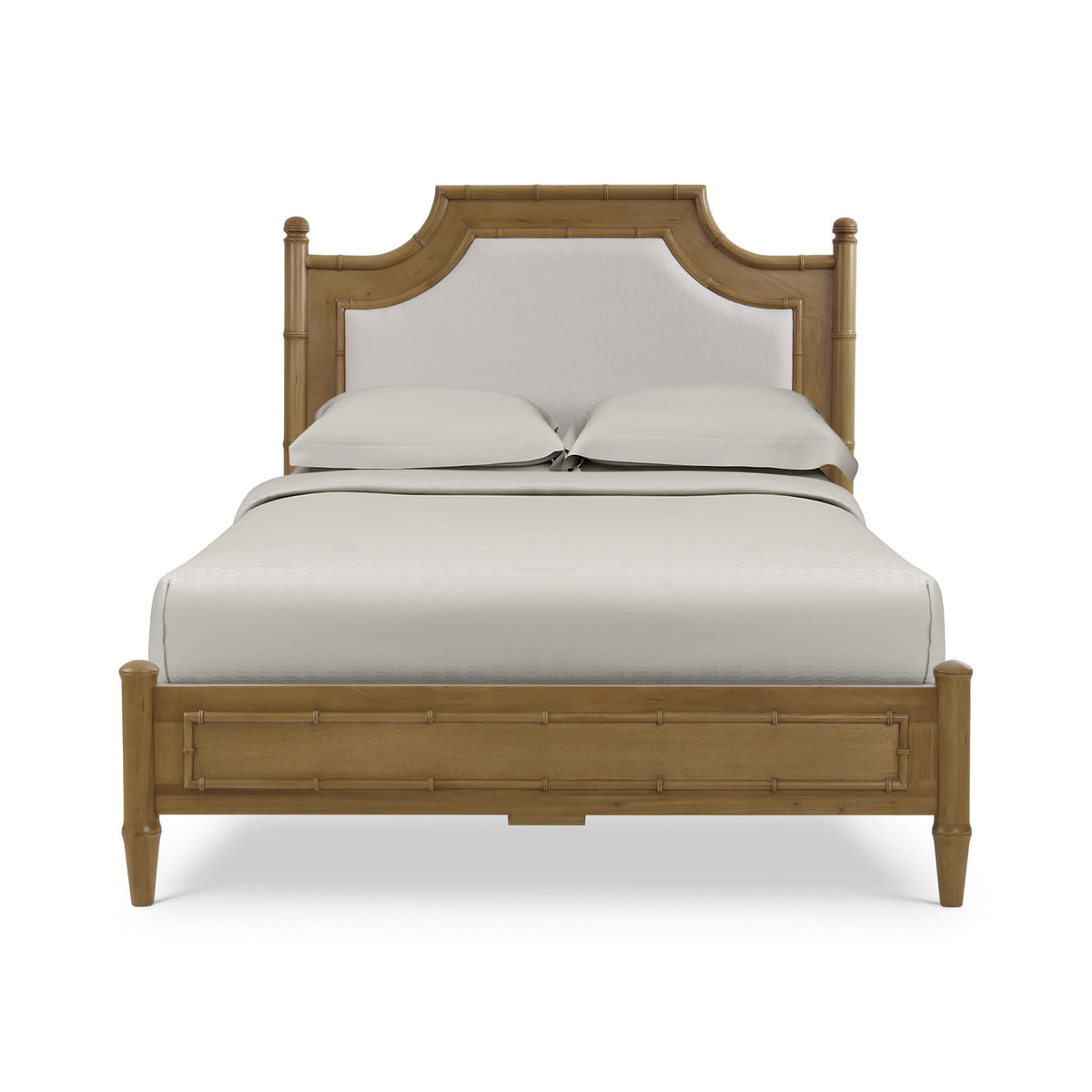 Chelsea Upholstered Bed Queen in Antique French Oak w/ Dinara Natural Fabric