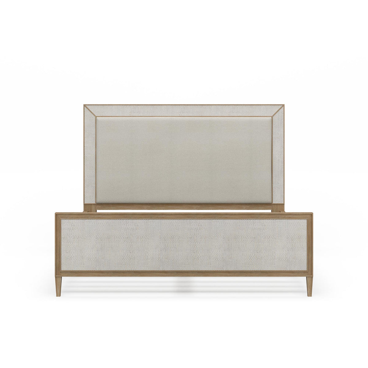 Belgravia Upholstered King Bed in Sandbar. Upholstered in Dinara Natural Fabric w/ White Rattan