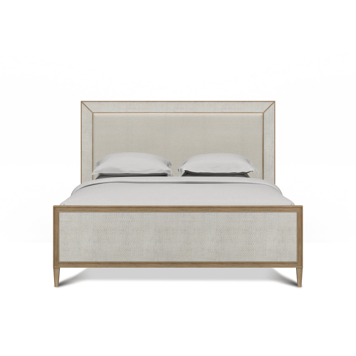 Belgravia Upholstered King Bed in Sandbar. Upholstered in Dinara Natural Fabric w/ White Rattan