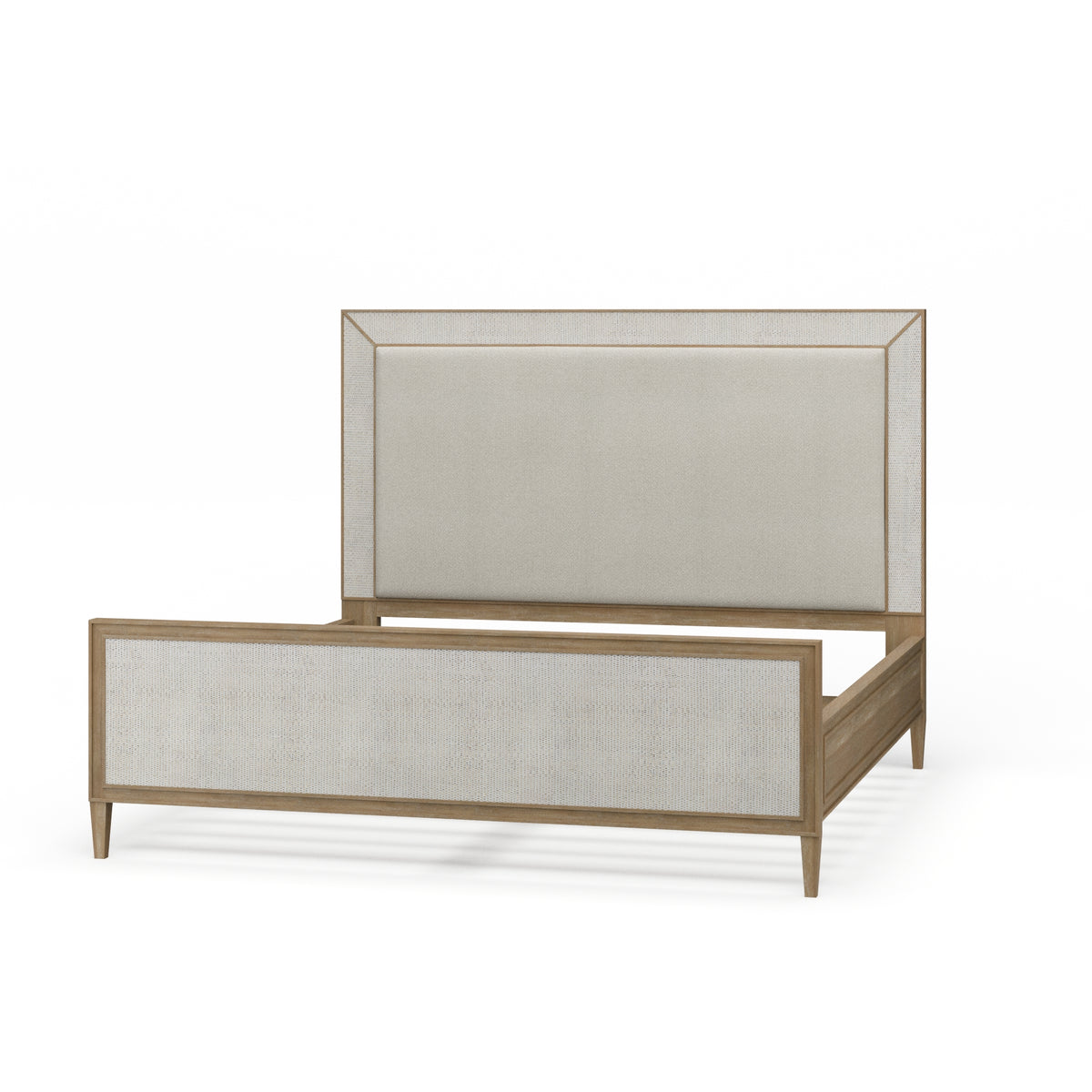 Belgravia Upholstered King Bed in Sandbar. Upholstered in Dinara Natural Fabric w/ White Rattan