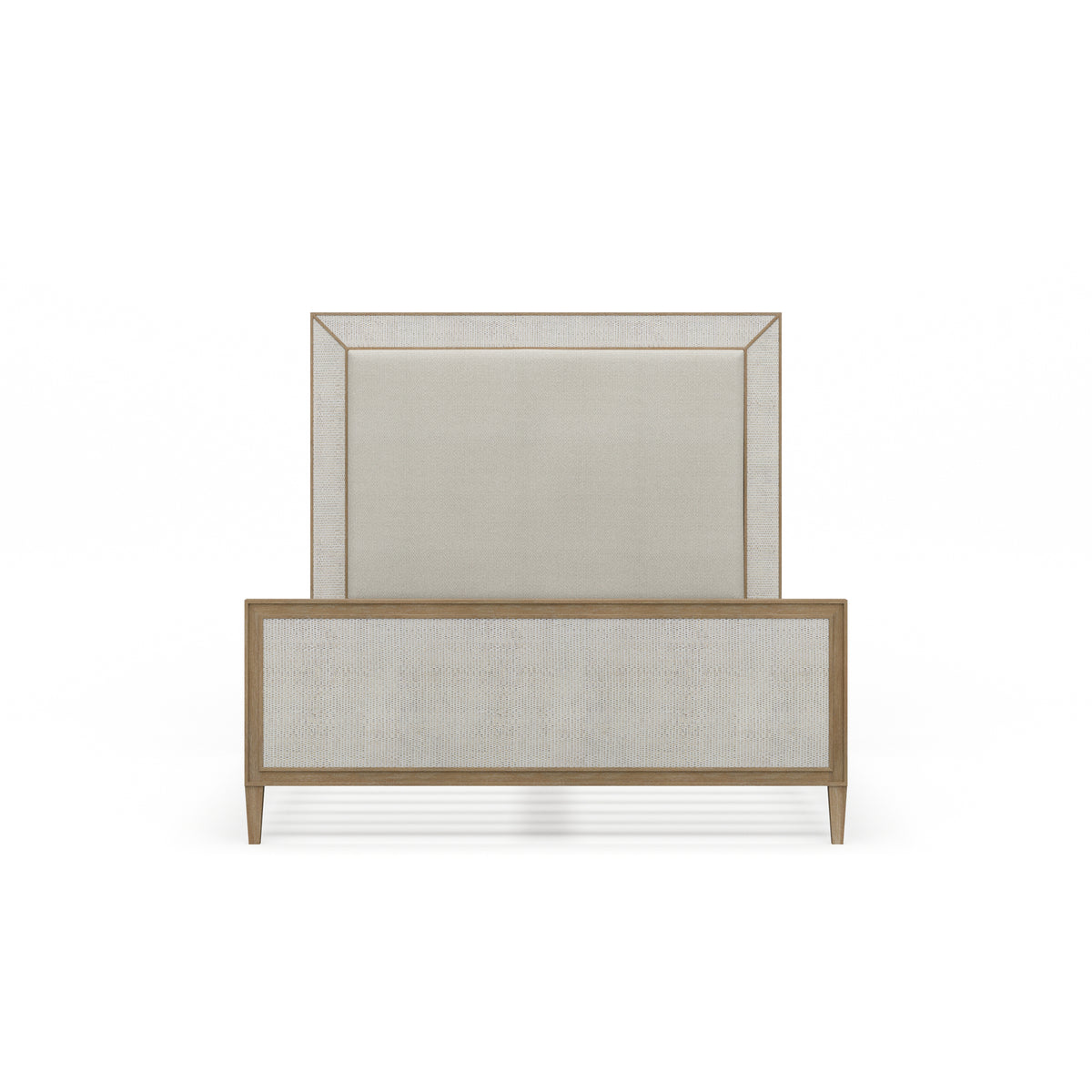Belgravia Upholstered Queen Bed in Sandbar. Upholstered in Dinara Natural Fabric w/ White Rattan.