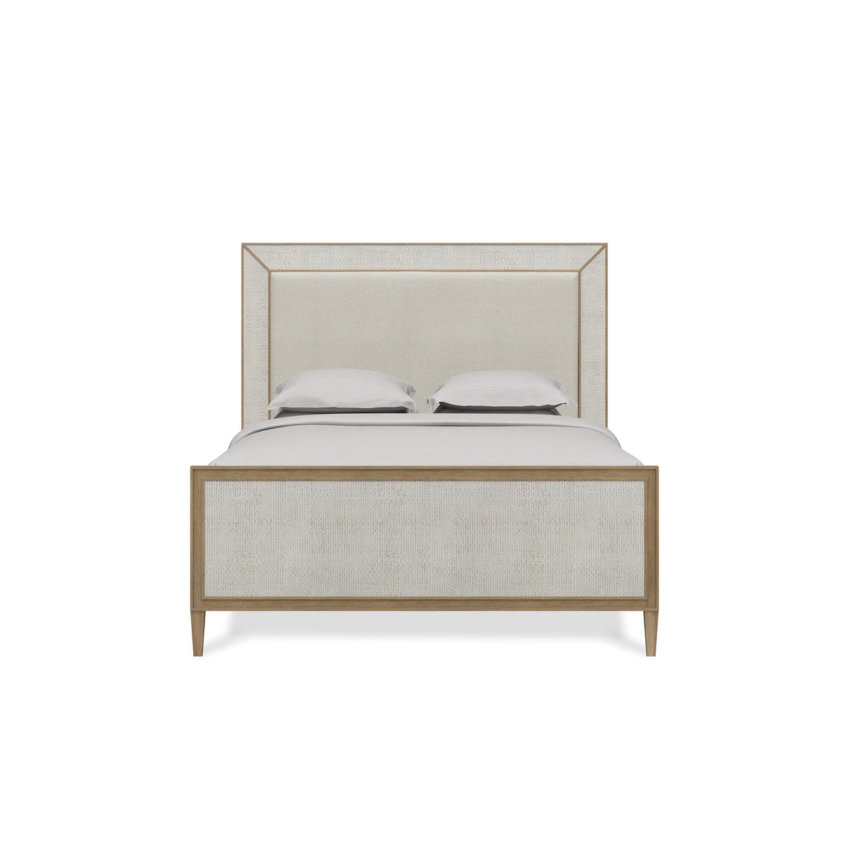 Belgravia Upholstered Queen Bed in Sandbar. Upholstered in Dinara Natural Fabric w/ White Rattan.