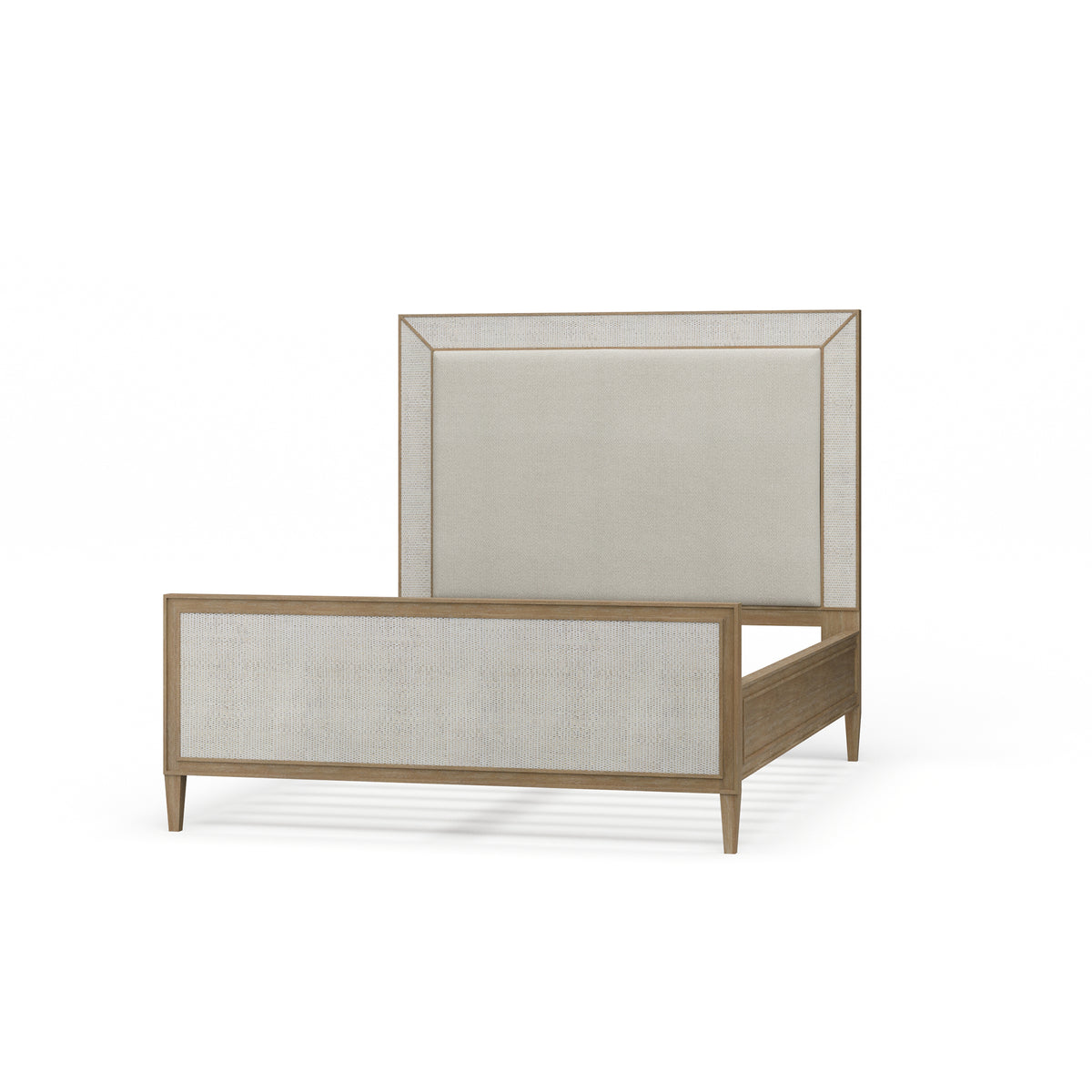 Belgravia Upholstered Queen Bed in Sandbar. Upholstered in Dinara Natural Fabric w/ White Rattan.