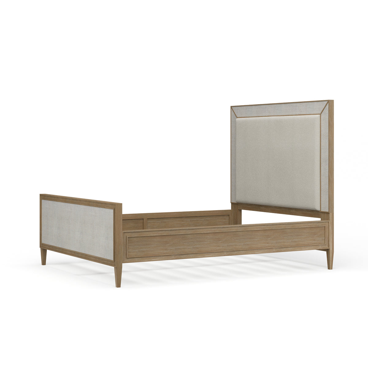 Belgravia Upholstered Queen Bed in Sandbar. Upholstered in Dinara Natural Fabric w/ White Rattan.