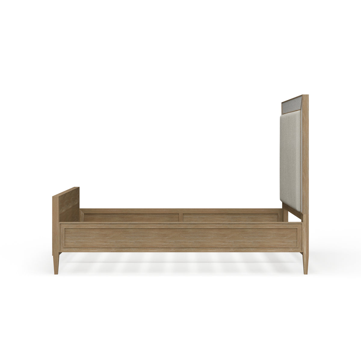 Belgravia Upholstered Queen Bed in Sandbar. Upholstered in Dinara Natural Fabric w/ White Rattan.
