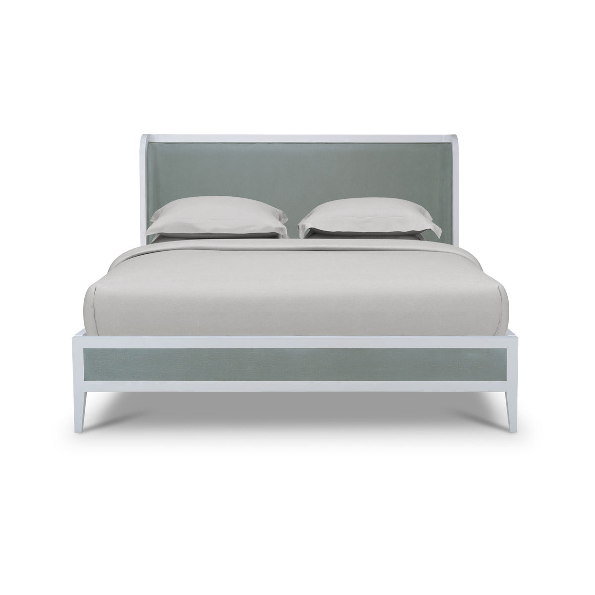 Mornington King Upholstered & Linen Wrapped Bed w/ True White Frame Yuko Sky Performance Fabric & Pale Blue Linen