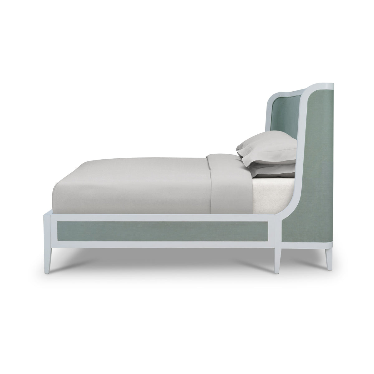 Mornington Queen Upholstered & Linen Wrapped Bed w/ True White Frame Yuko Sky Performance Fabric & Pale Blue Linen