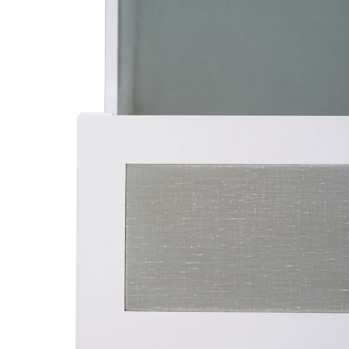 Mornington Queen Upholstered & Linen Wrapped Bed w/ True White Frame Yuko Sky Performance Fabric & Pale Blue Linen