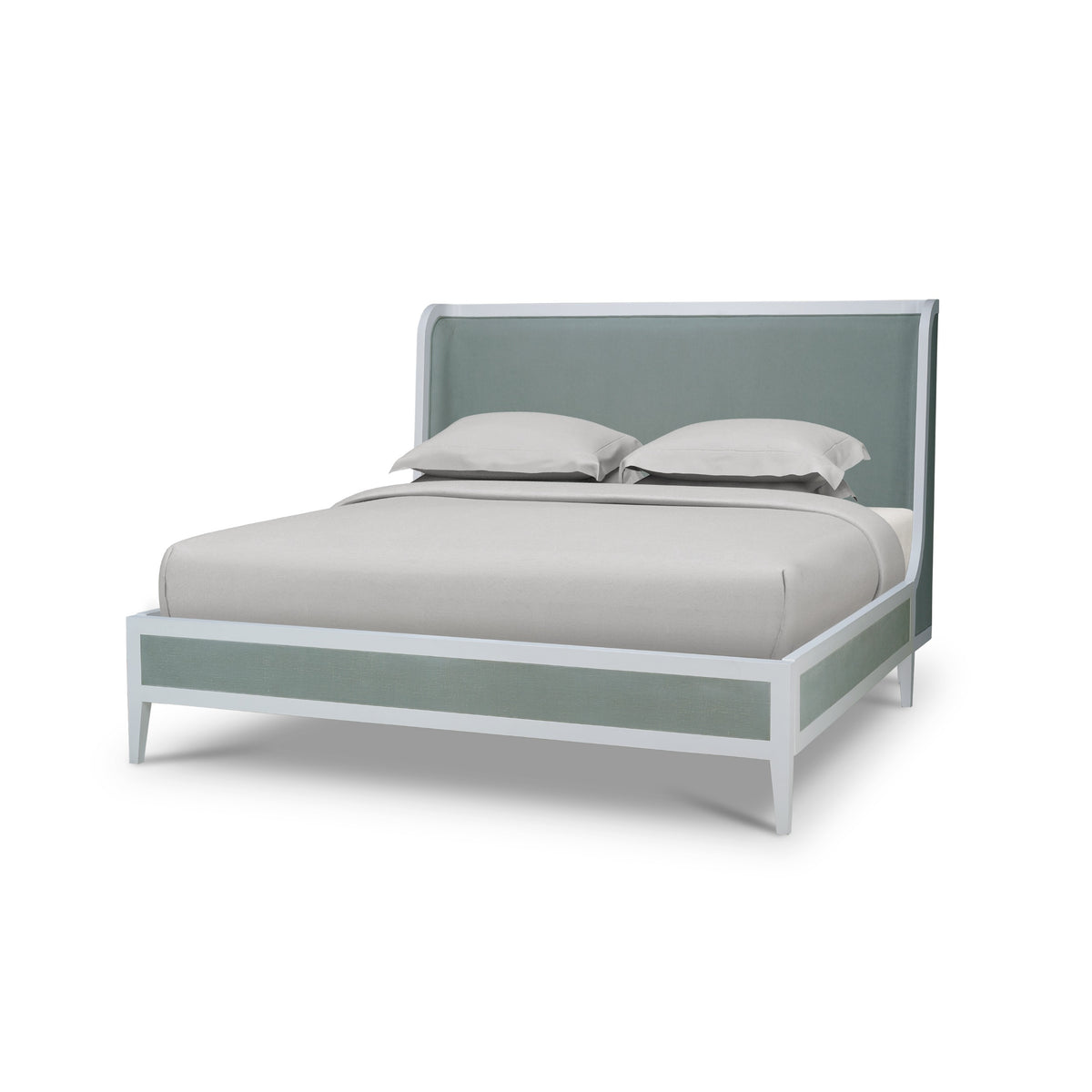 Mornington Queen Upholstered & Linen Wrapped Bed w/ True White Frame Yuko Sky Performance Fabric & Pale Blue Linen
