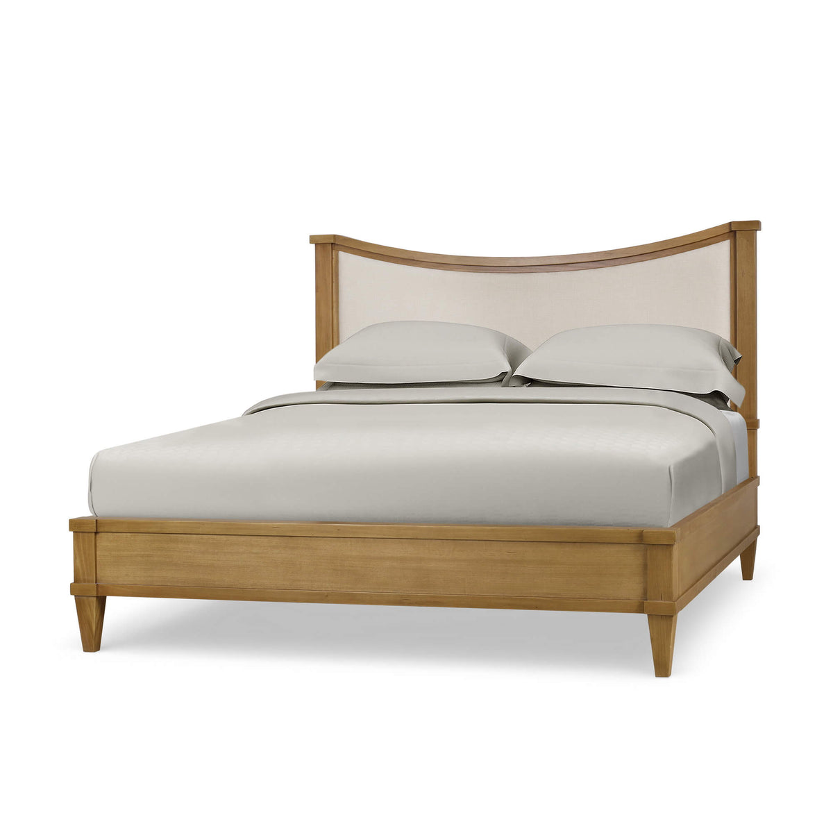 Bow King Bed Upholstery in Antique French Oak w/ Thames Natural Performance Fabric