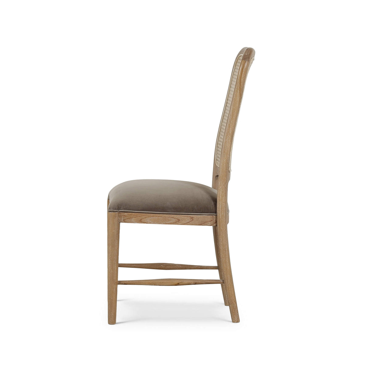 Laurna Teak Dining Chair in Teak White Wash w/ Seat in Espresso Brown Velvet Fabric & Sandbar Rattan Back