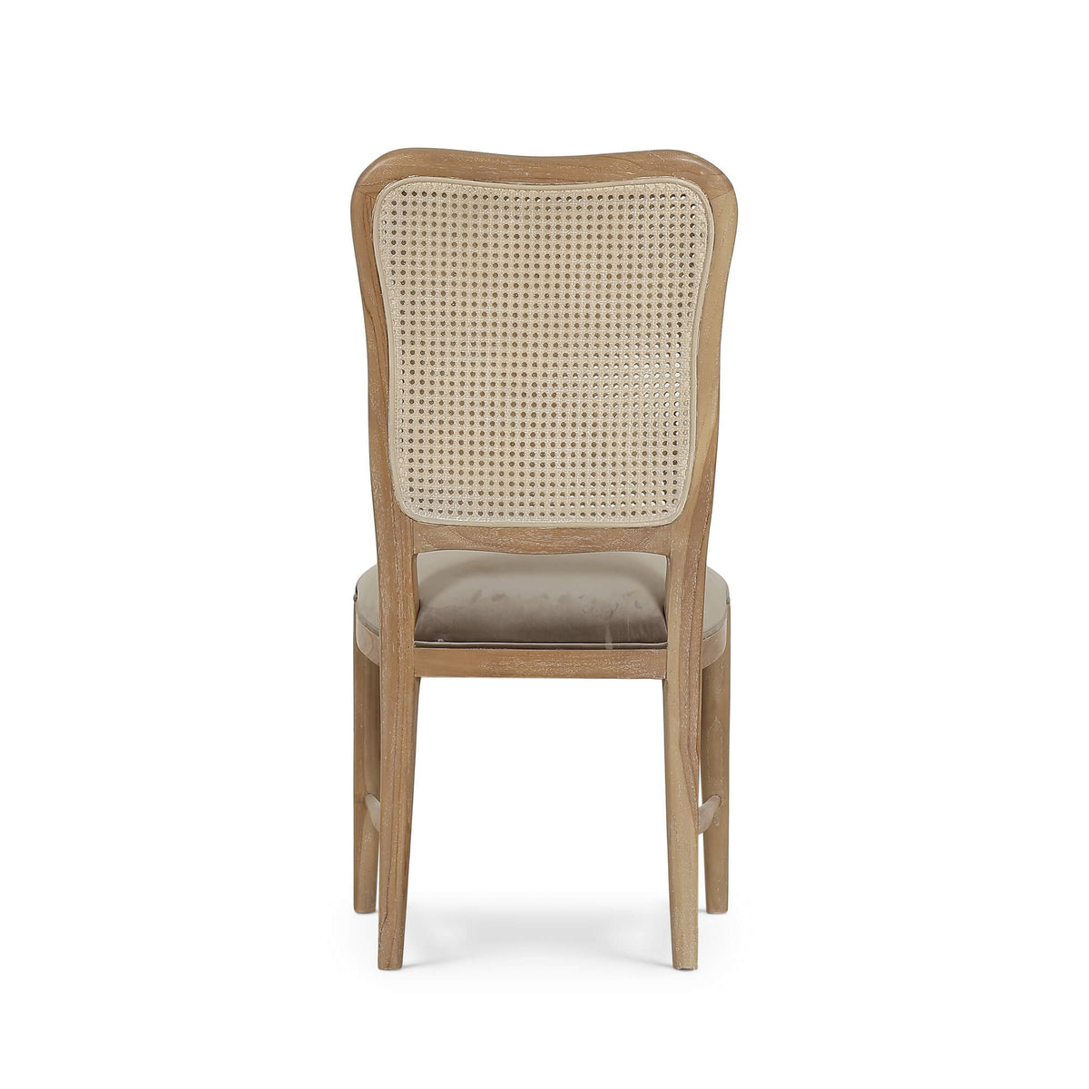 Laurna Teak Dining Chair in Teak White Wash w/ Seat in Espresso Brown Velvet Fabric & Sandbar Rattan Back