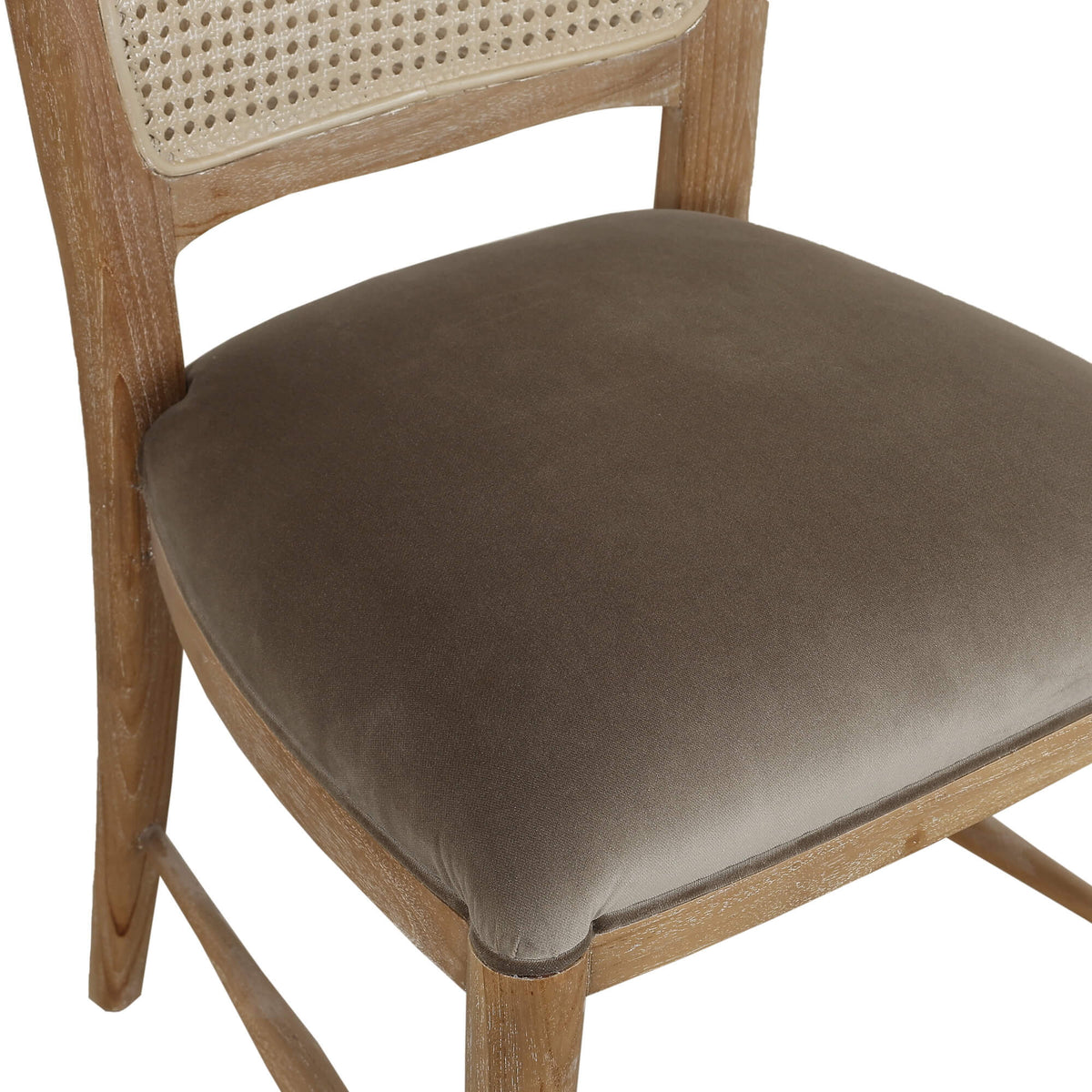 Laurna Teak Dining Chair in Teak White Wash w/ Seat in Espresso Brown Velvet Fabric & Sandbar Rattan Back
