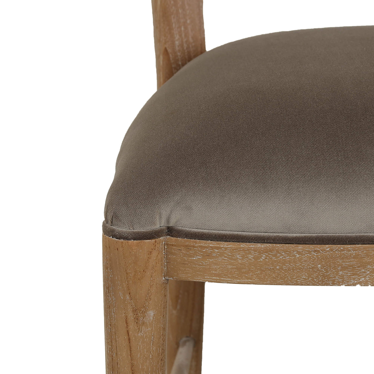 Laurna Teak Dining Chair in Teak White Wash w/ Seat in Espresso Brown Velvet Fabric & Sandbar Rattan Back