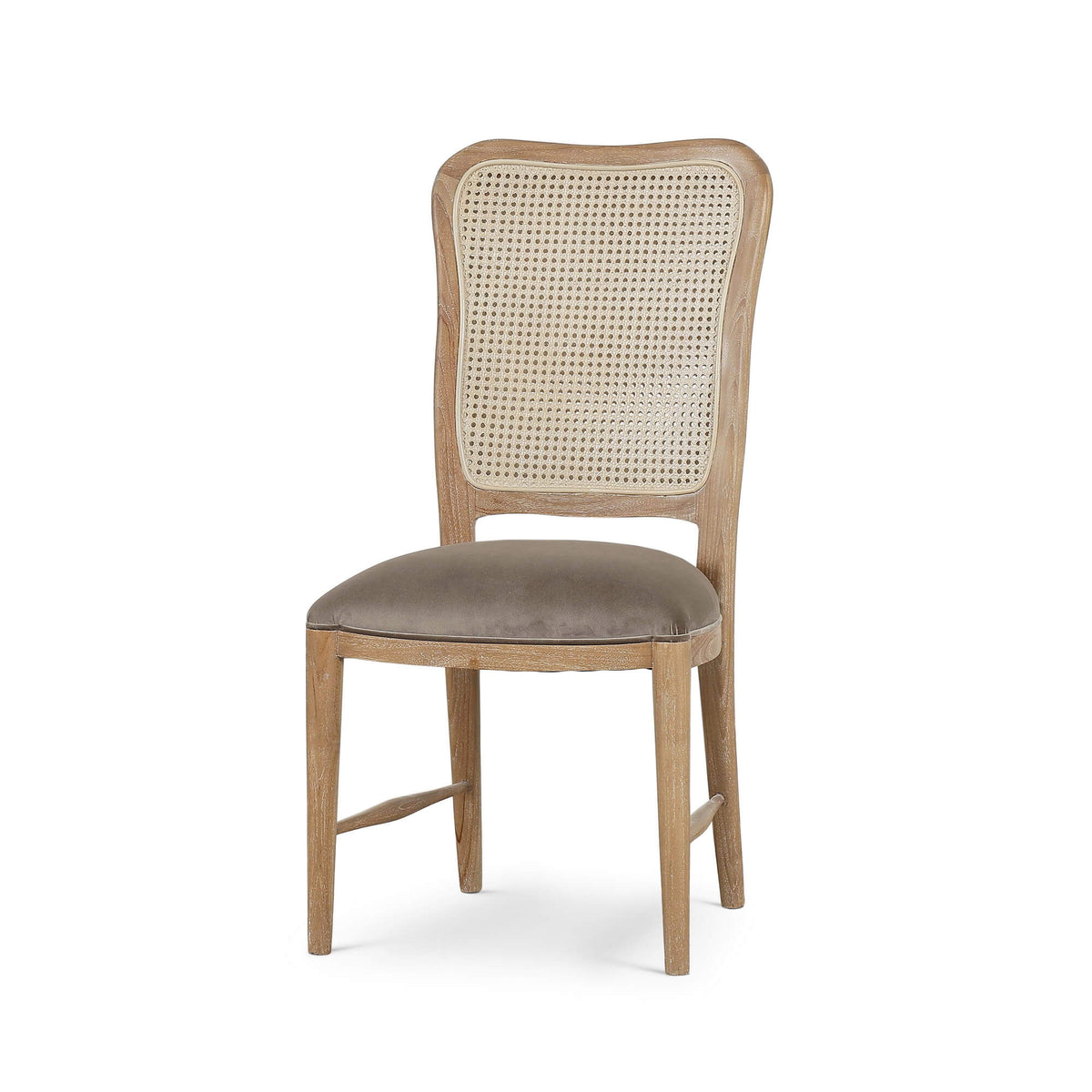 Laurna Teak Dining Chair in Teak White Wash w/ Seat in Espresso Brown Velvet Fabric & Sandbar Rattan Back