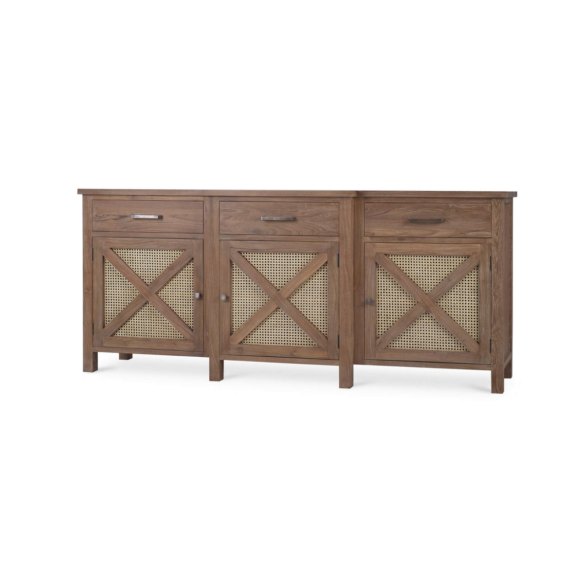 Silvia Reclaimed Teak 3 Door Sideboard in Teak Straw Wash w/ Rattan Natural Door Panels