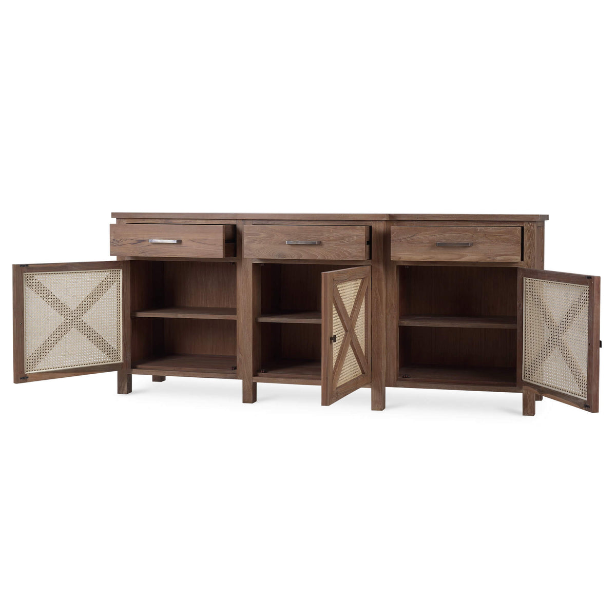 Silvia Reclaimed Teak 3 Door Sideboard in Teak Straw Wash w/ Rattan Natural Door Panels