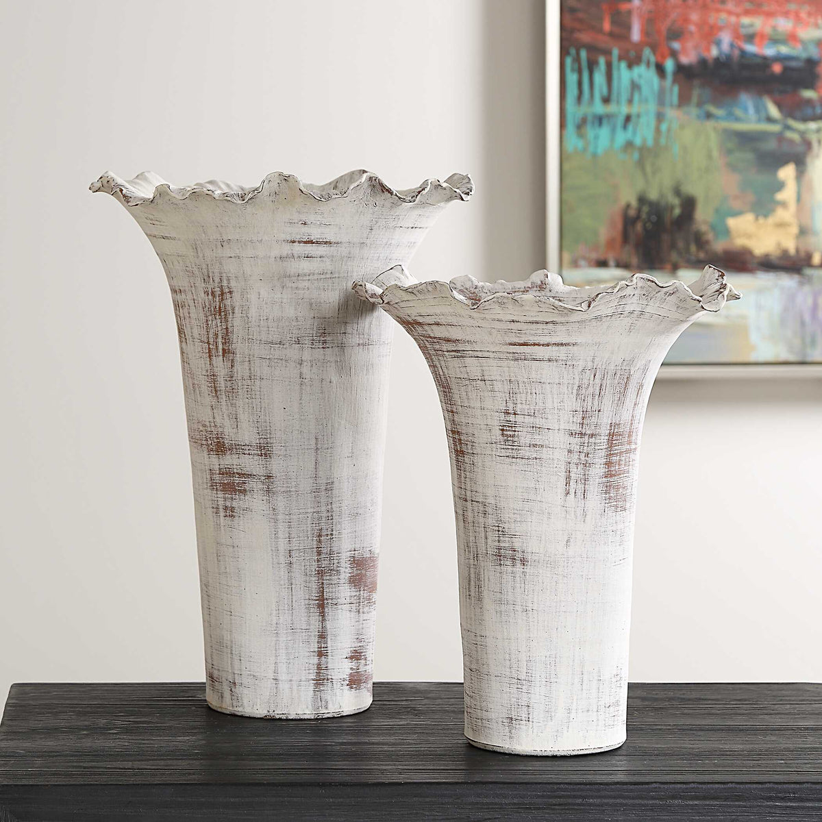 Ruffled Petal White Vases Set/2