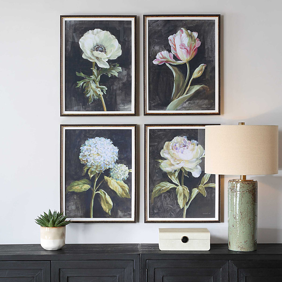 Florals On Black Framed Prints Set/4