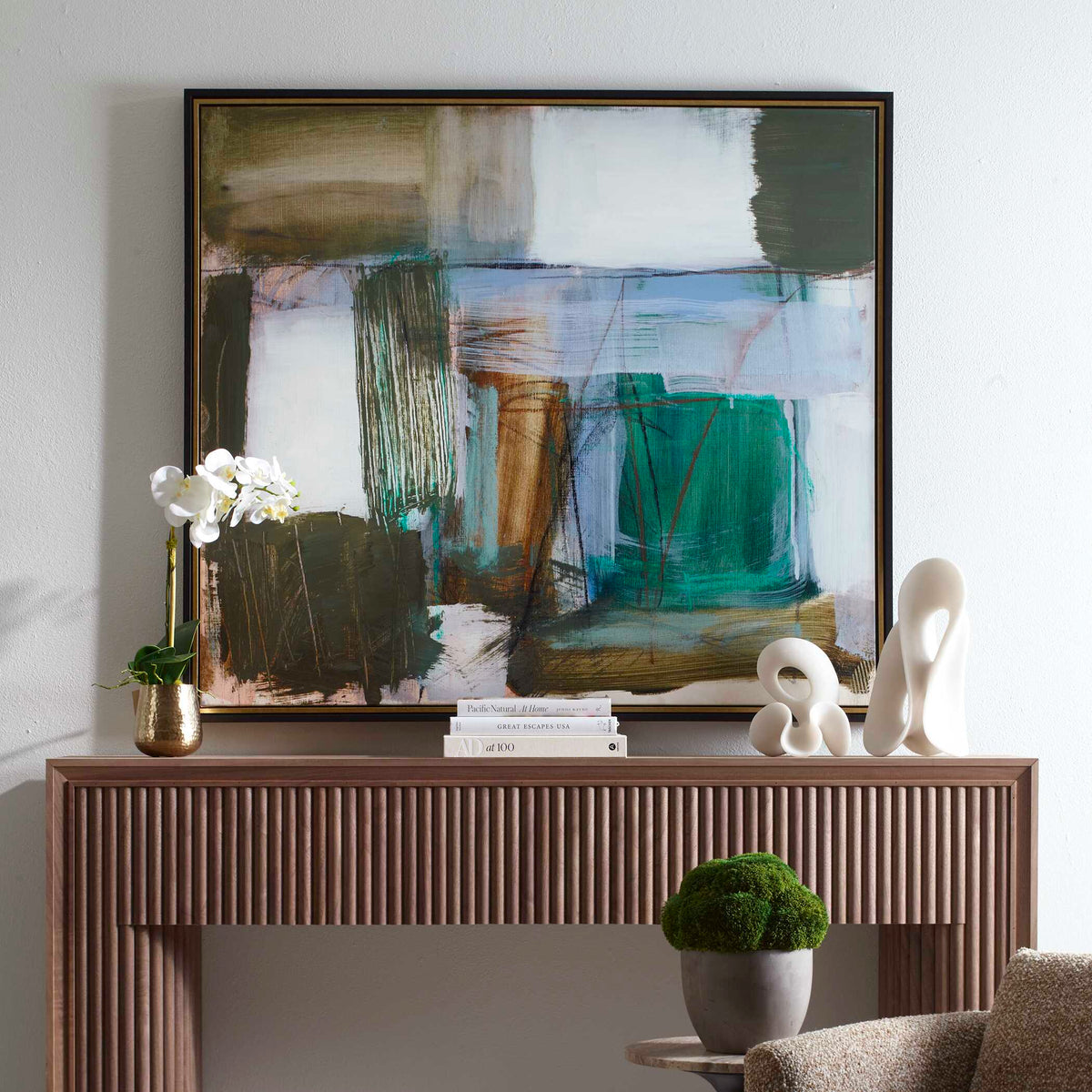 Green Fields Framed Abstract Canvas