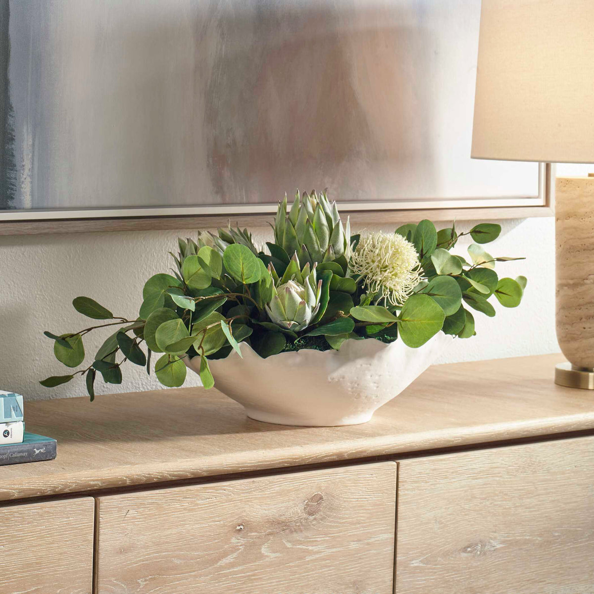Protea Blooms White Bowl Centerpiece