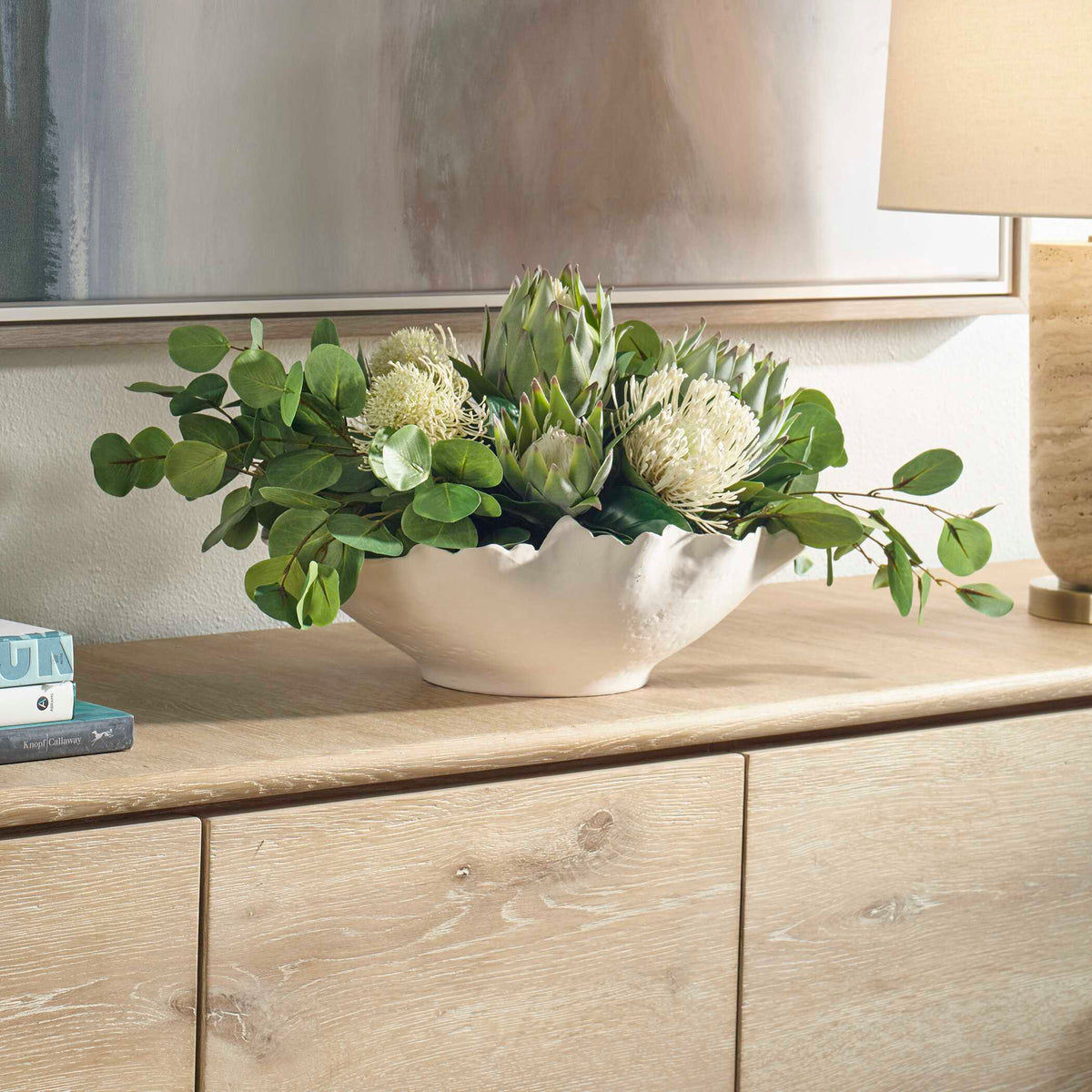 Protea Blooms White Bowl Centerpiece
