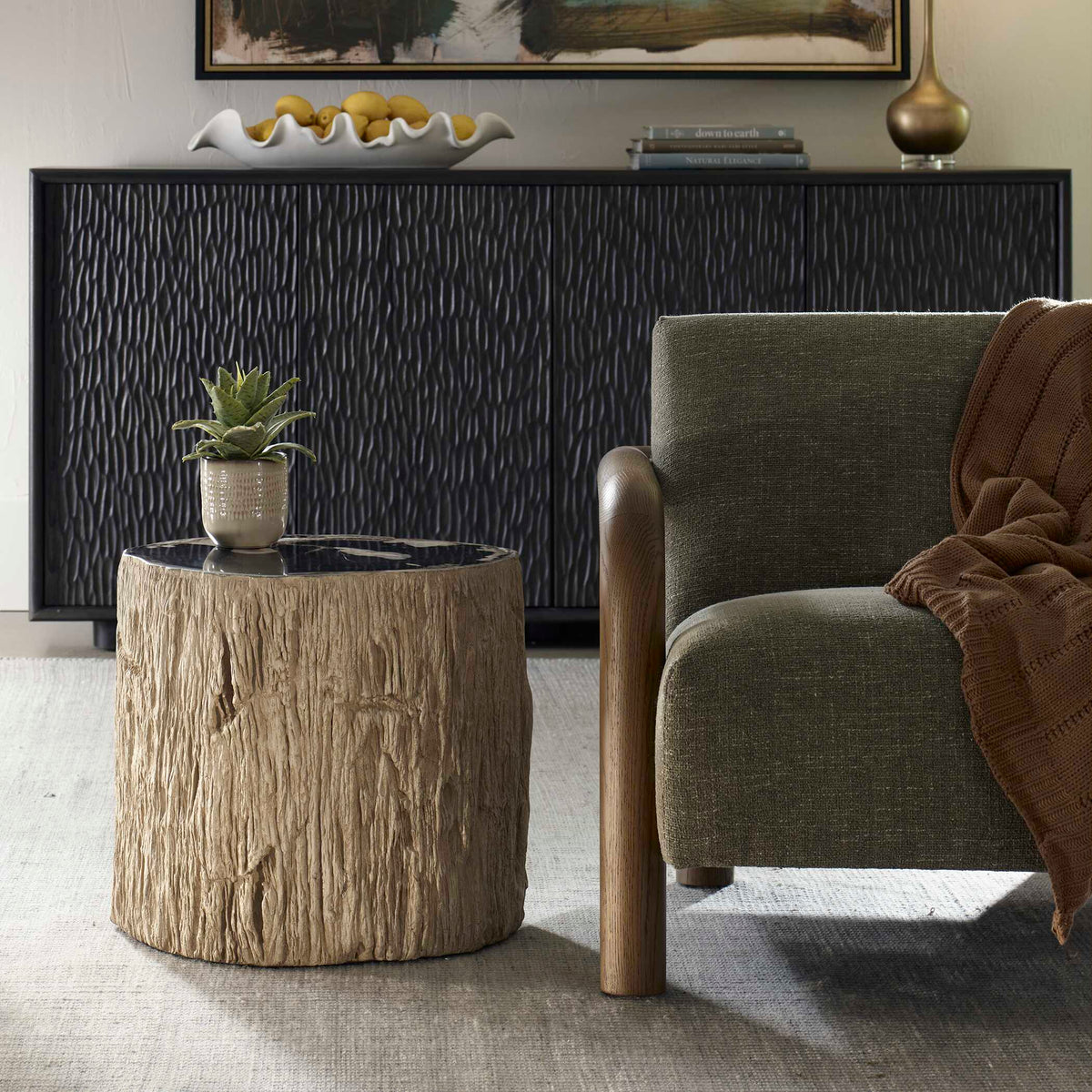Arco Petrified Wood Top Accent Table