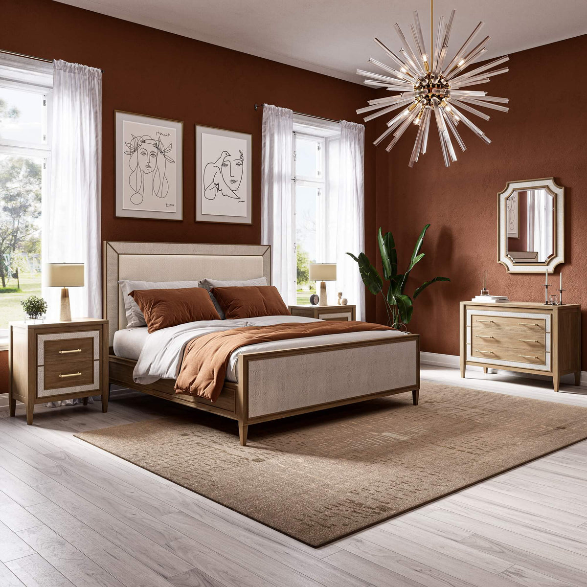 Belgravia Upholstered King Bed in Sandbar. Upholstered in Dinara Natural Fabric w/ White Rattan