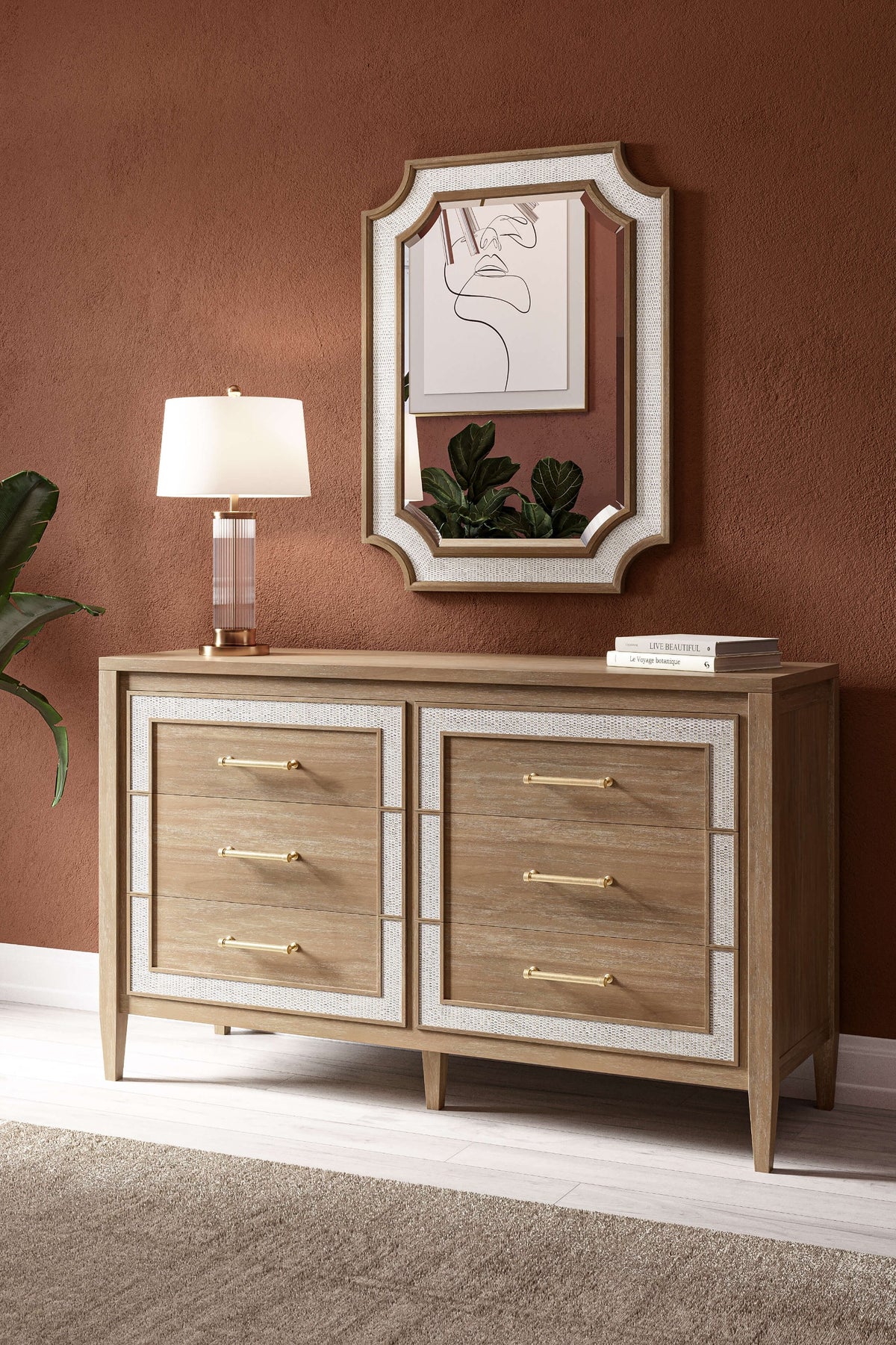 Belgravia 6 Drawer Dresser in Sandbar w/ White Inset Rattan