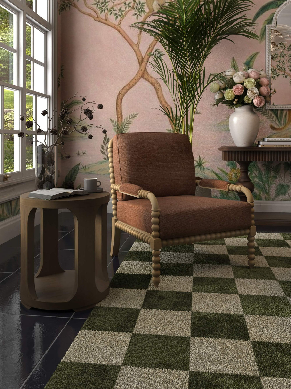 Cholet Arm Chair in Fruitwood w/ Chestnut Brown Chenille Performance Fabric