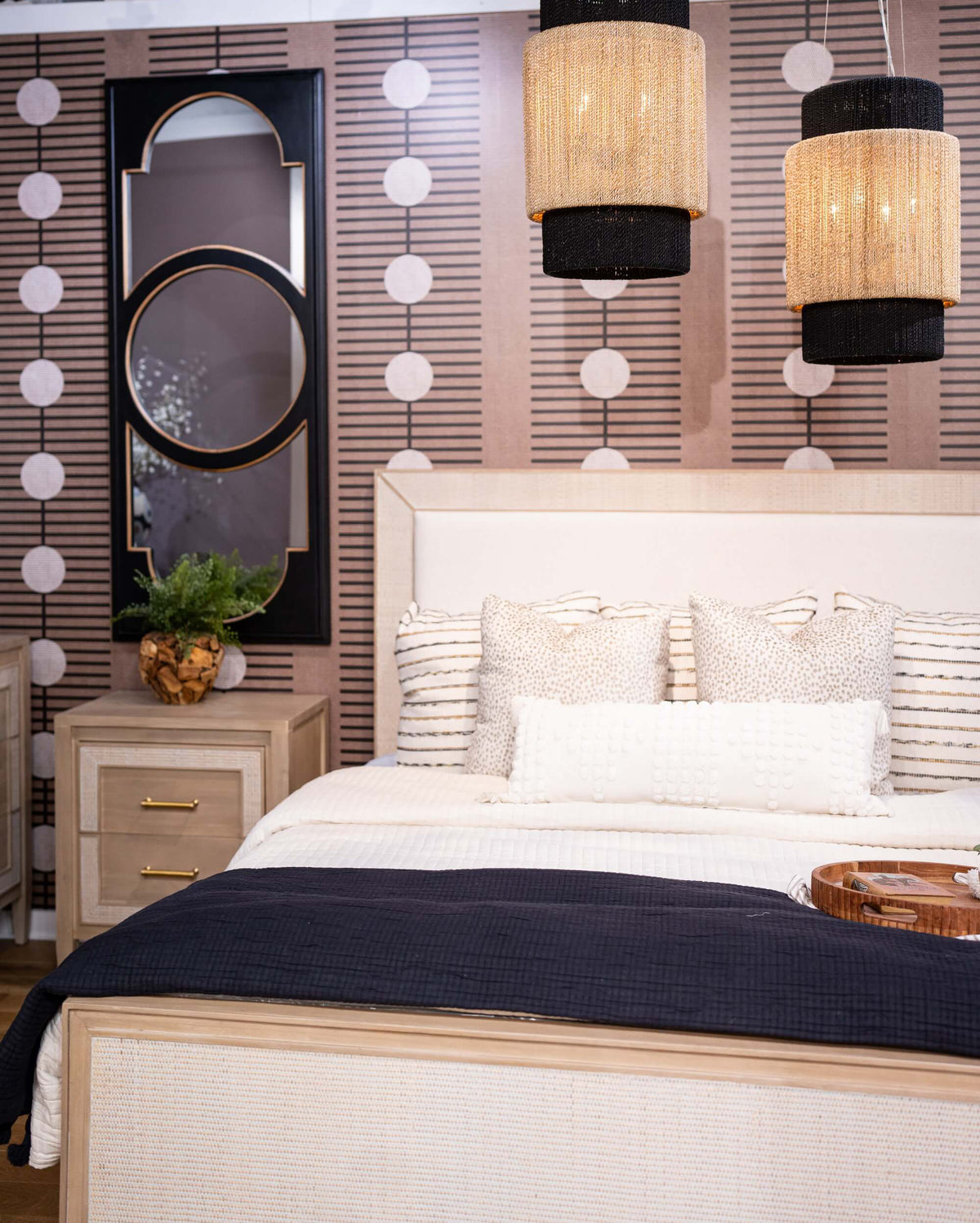 Belgravia Bedside Table in Sandbar w/ White Inset Rattan