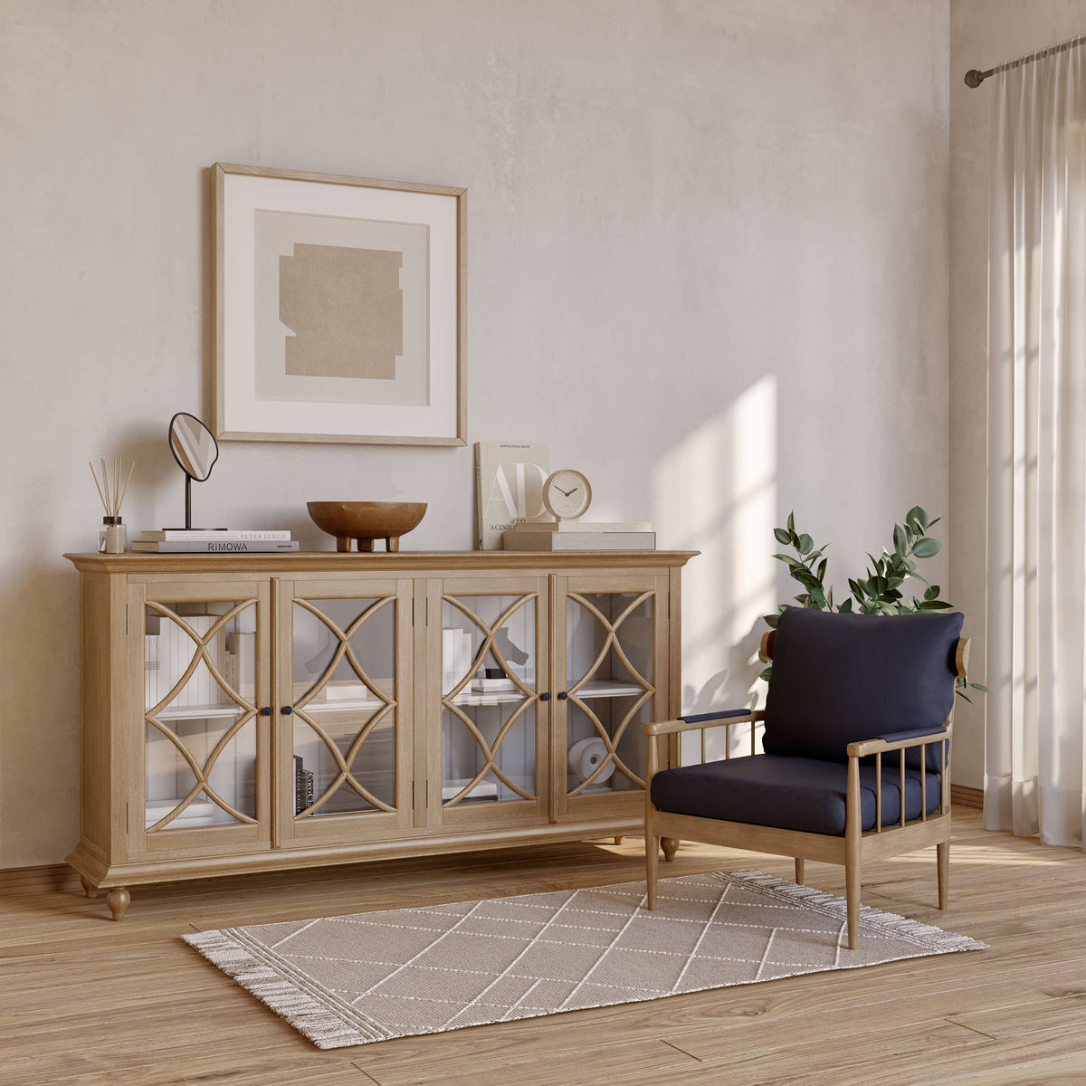 Hamilton 4 Door Buffet in Straw Wash w/ Architectural White Interior