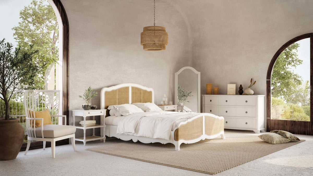 Covington Bed King in Architectural White w/ Rattan Natural