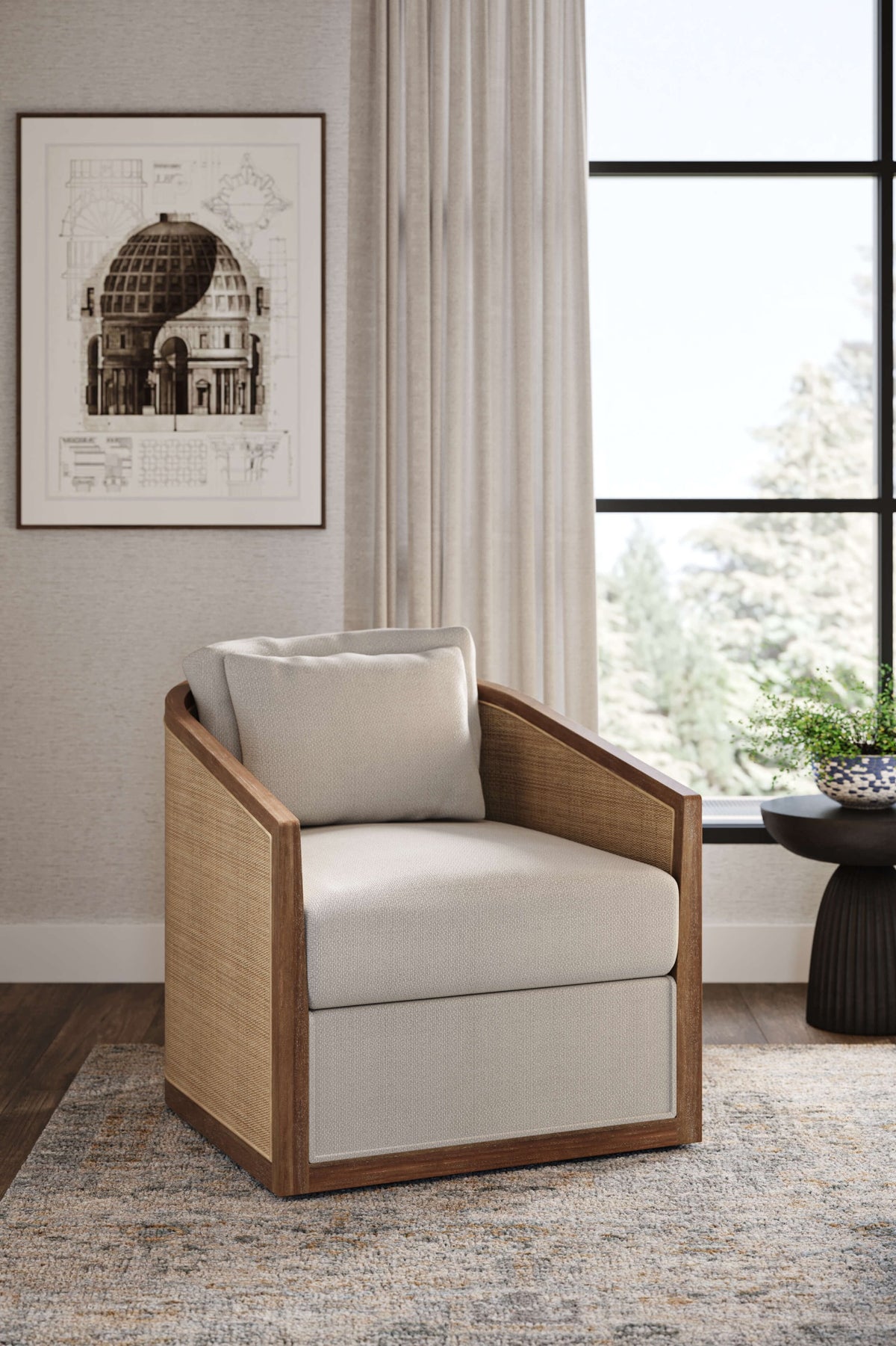Willis Swivel Chair w/ Mahogany Frame in Straw Wash & Rattan Natural w/ Dinara Natural Fabric