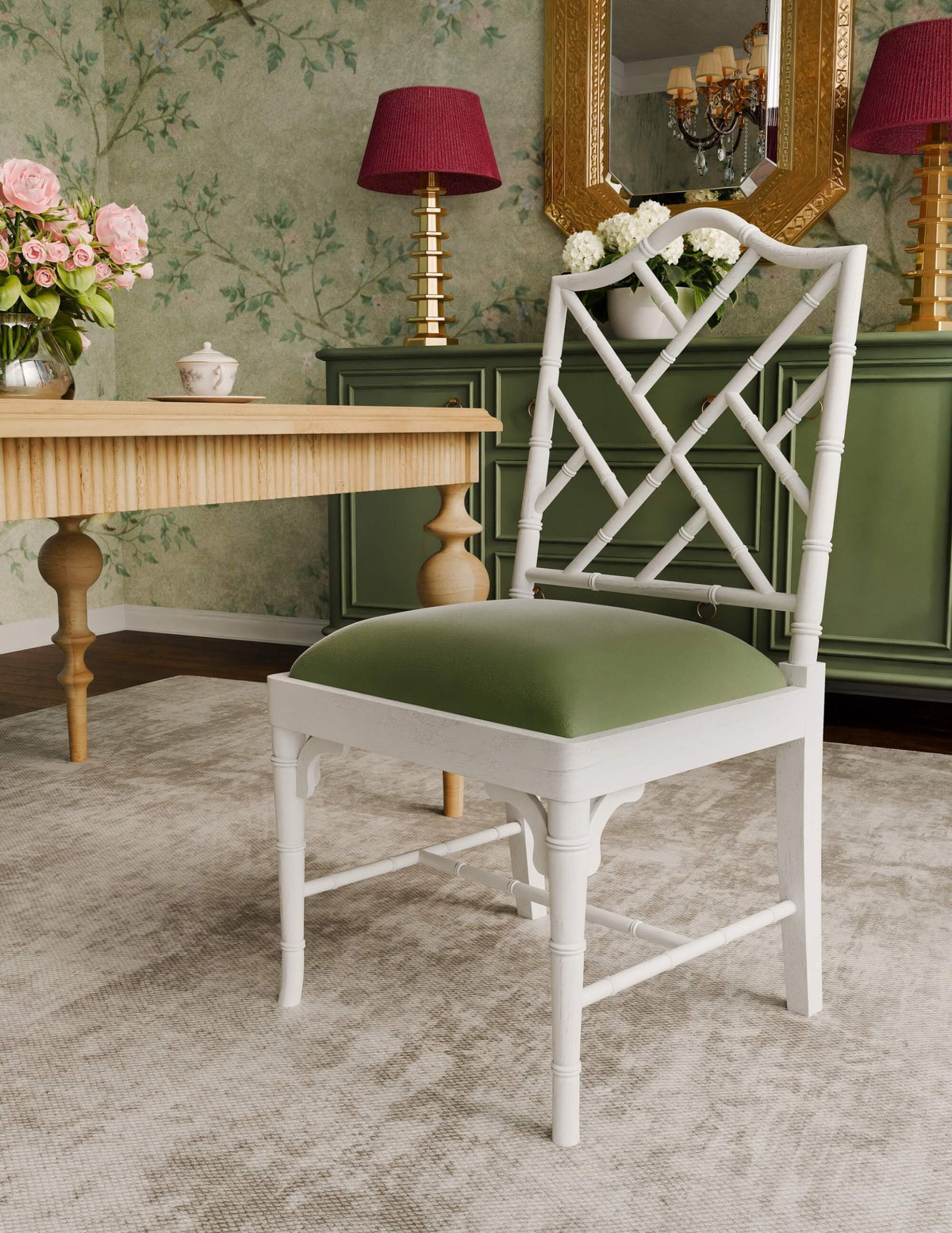 Martinique Bamboo Dining Chair in True White w/ Willow Green Velvet Fabric