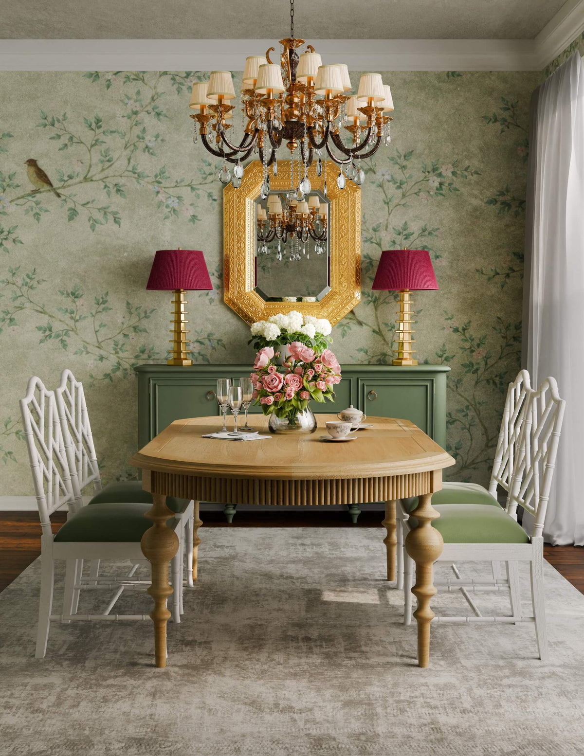 Martinique Bamboo Dining Chair in True White w/ Willow Green Velvet Fabric