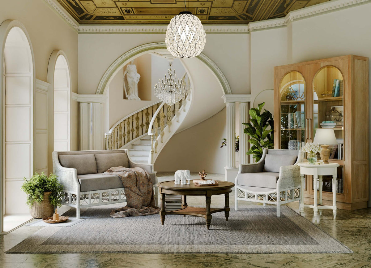 Rabana Rattan Chair in White Wash Rattan w/ Oatmeal Boucle Chenille Performance Fabric Cushion